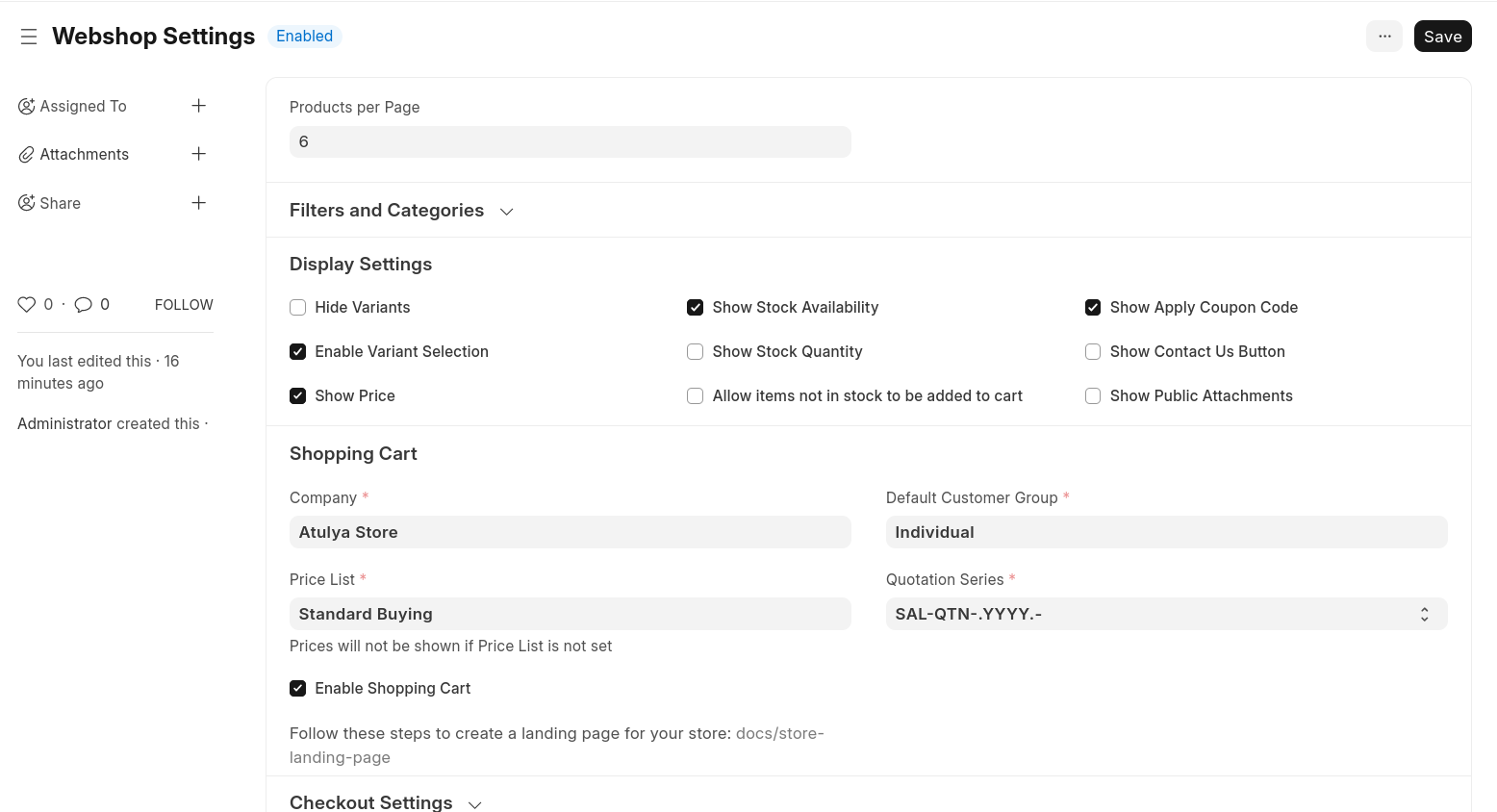 webshop settings